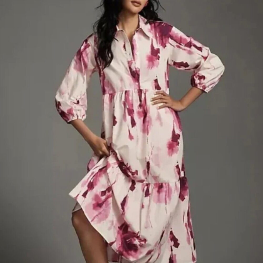 Anthopologie Maeve Bettina Tiered Shirt Dress - Pink Watercolor